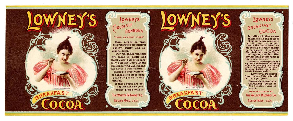  Lowney's Breakfast Cocoa submitted by The Walter M. Lowney Company of Boston, Massachusetts. The colorful label depicts a women holding a cup and saucer and includes product information and directions for use.