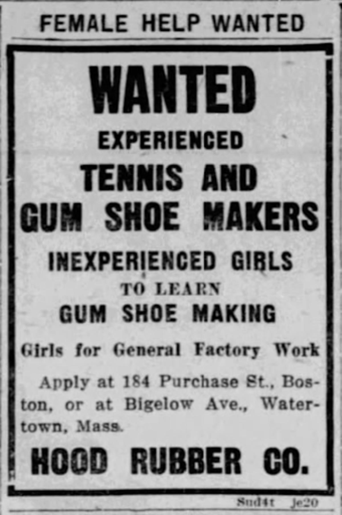 Help wanted advertisement for Hood Rubber Company, 1920, Boston Globe
