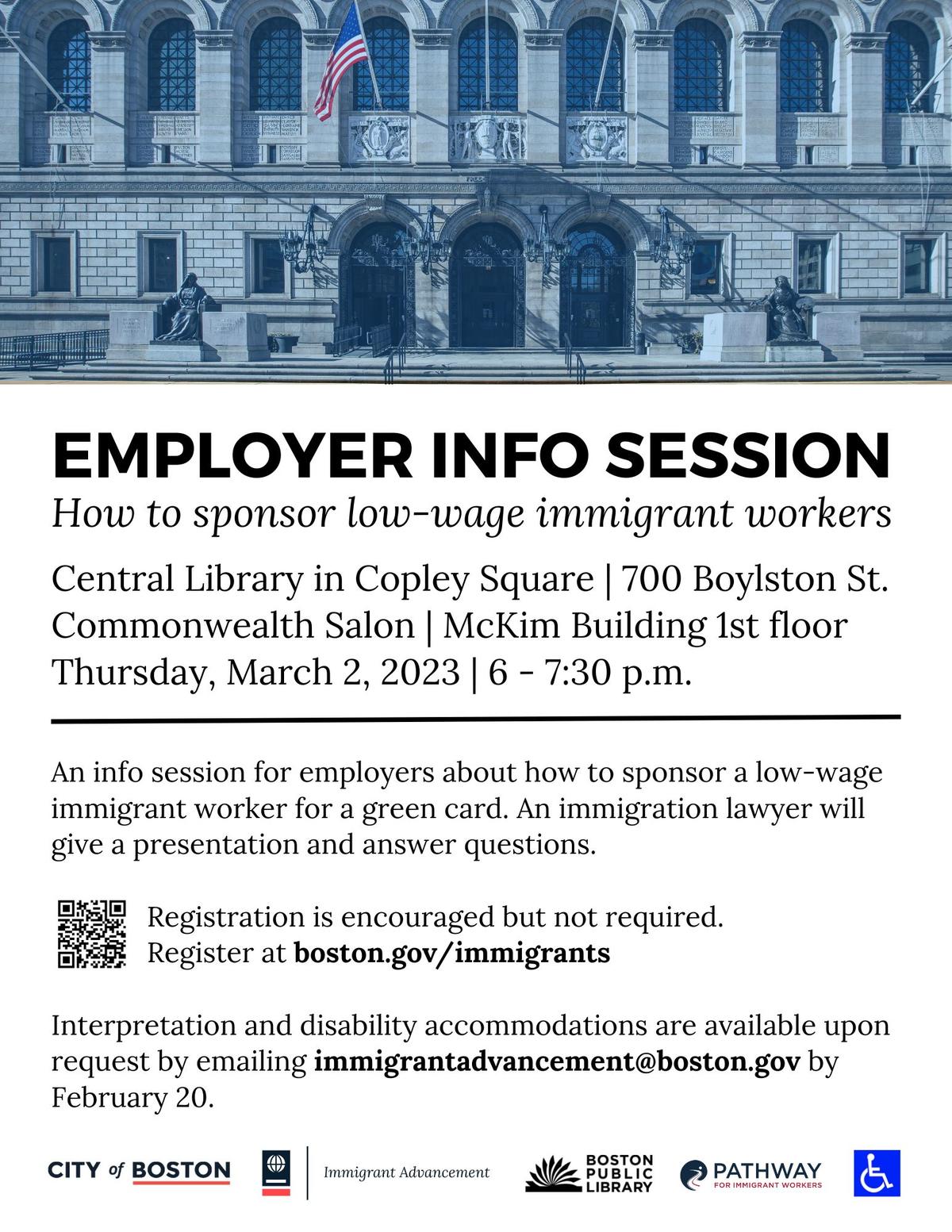 Flyer for an employer info session about how to sponsor low-wage immigrant workers. On Thursday, March 2, 2023 from 6-7:30pm