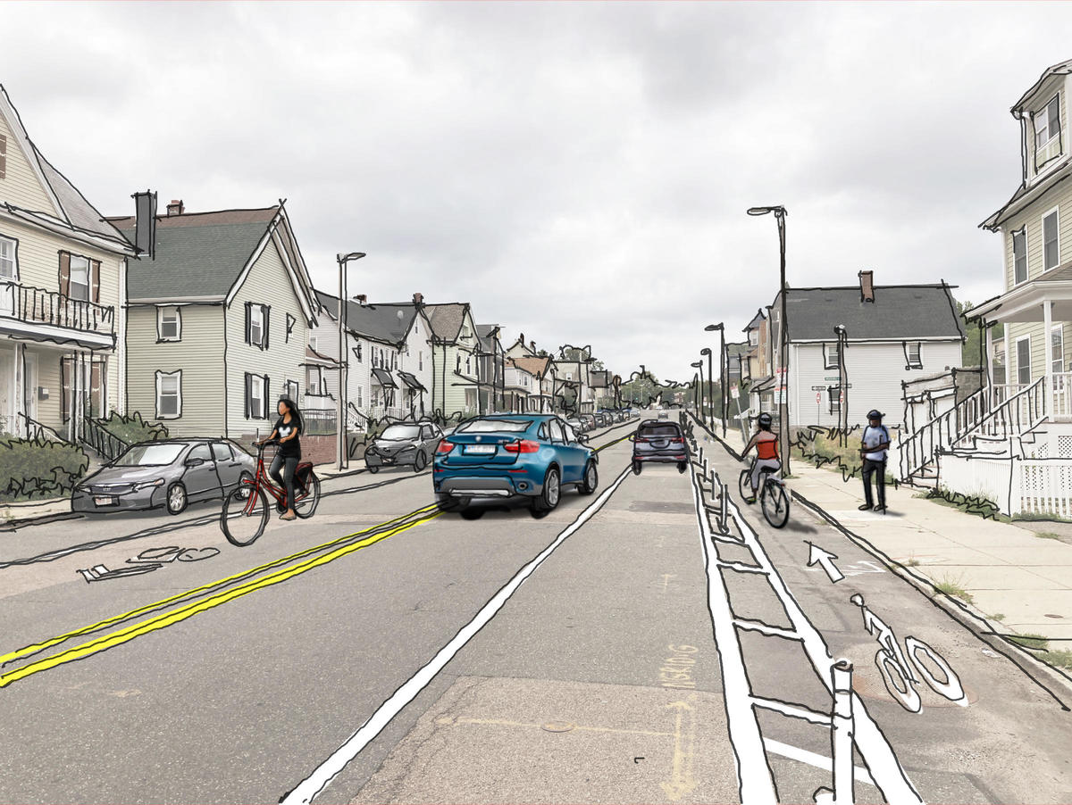 Rendering showing a separated bike lane on Winship Street going in the uphill direction