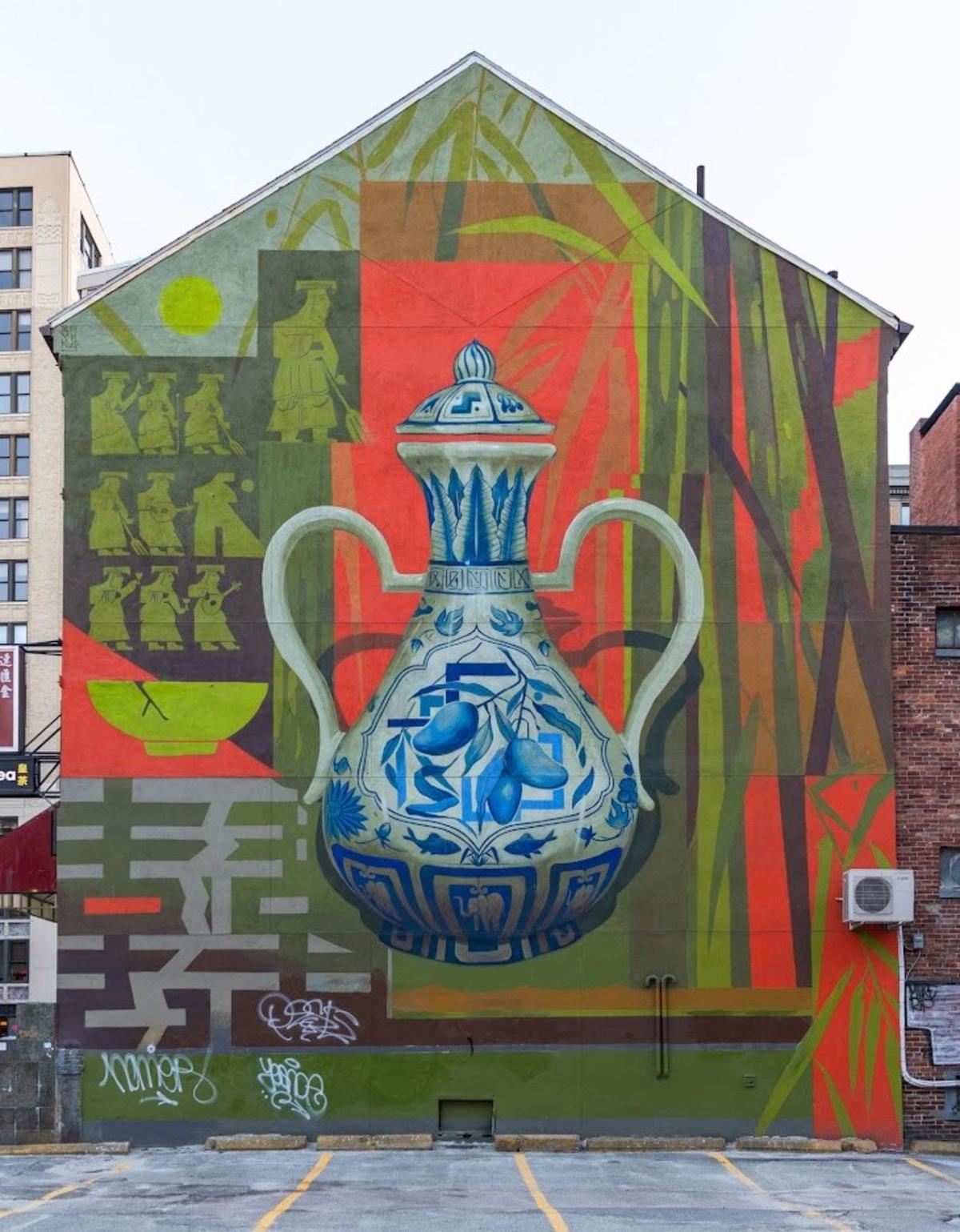 Mural of blue and white porcelain pot in Chinatown