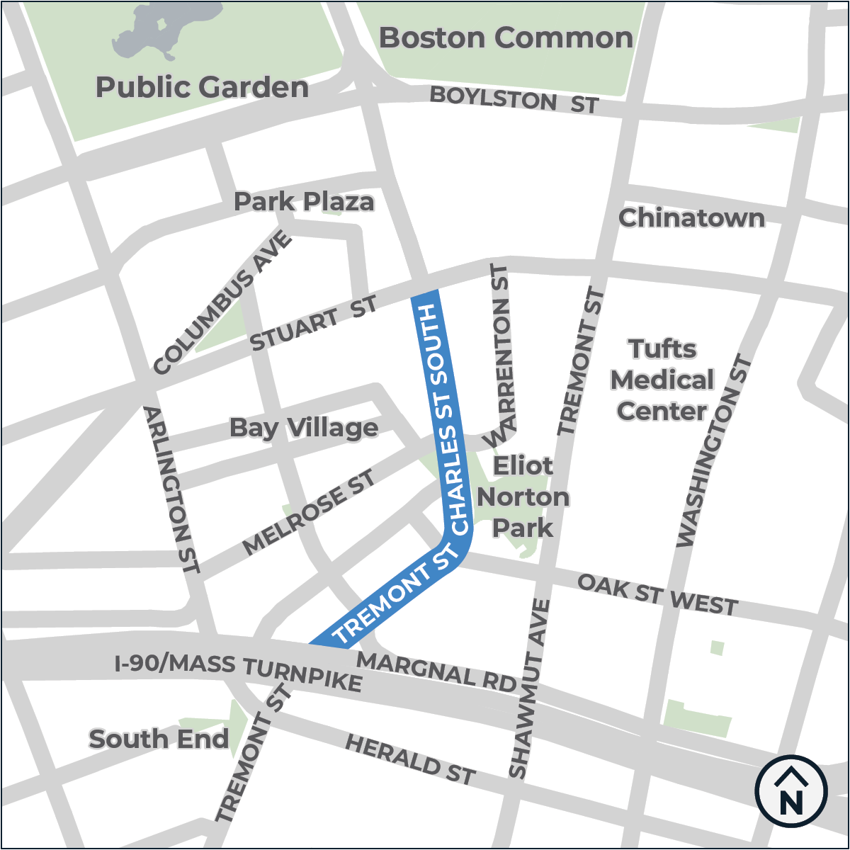 The project area includes: Charles Street South from Stuart Street to Tremont Street and Tremont Street from Charles Street South to Marginal Road.