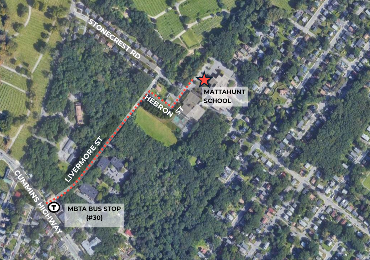 A map showing the walking route from Cummins Highway bus stops to the Mattahunt School