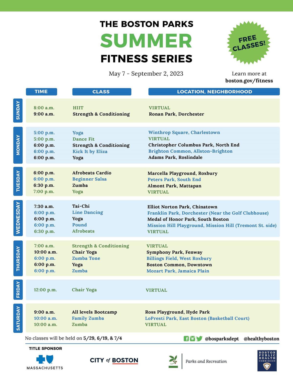 schedule of summer fitness classes