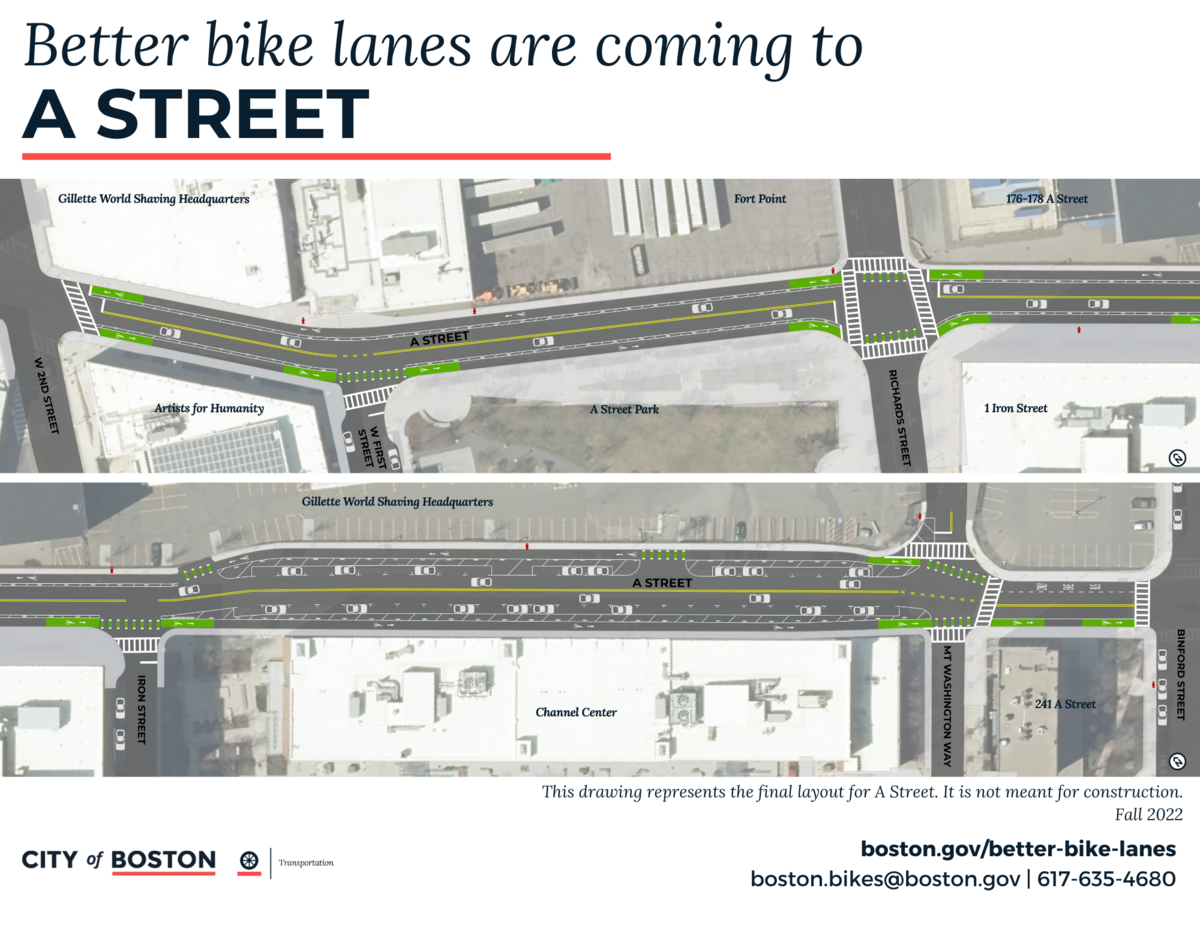 An illustration shows the overhead view of A Street between West Second and Binford Streets. It shows wider, separated bike lanes in both directions between West Second and Mount Washington. Between Mount Washington and Binford, the southbound direction has a bus stop and the northbound direction has a curbside bike lane.