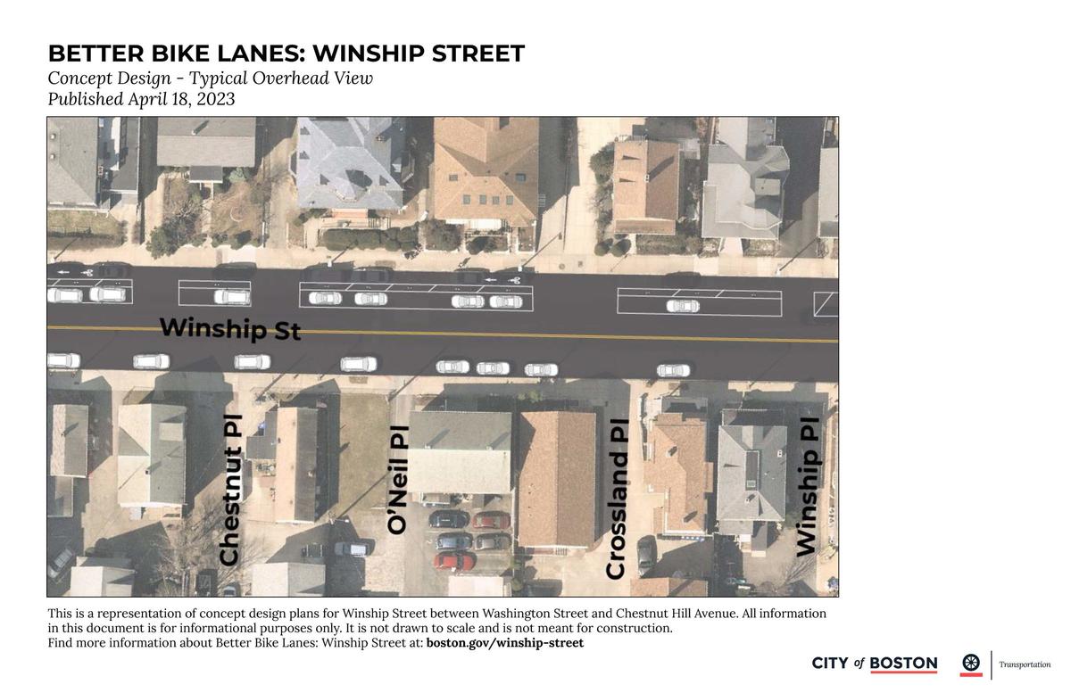 Typical plan view for a block on Winship Street, showing the new striping and flex posts