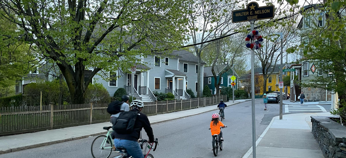 Photo of people biking on Boylston Street in JP.