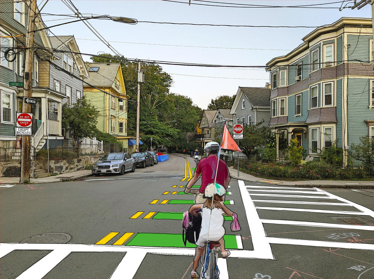An artistic rendering of Boylston Street looking east from Chestnut Avenue with a contraflow bike lane. 