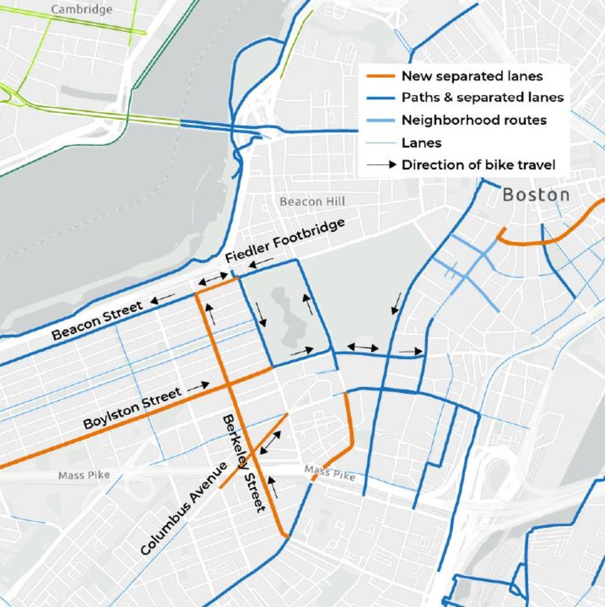 Map showing Better Bike Lanes in Back Bay and South End