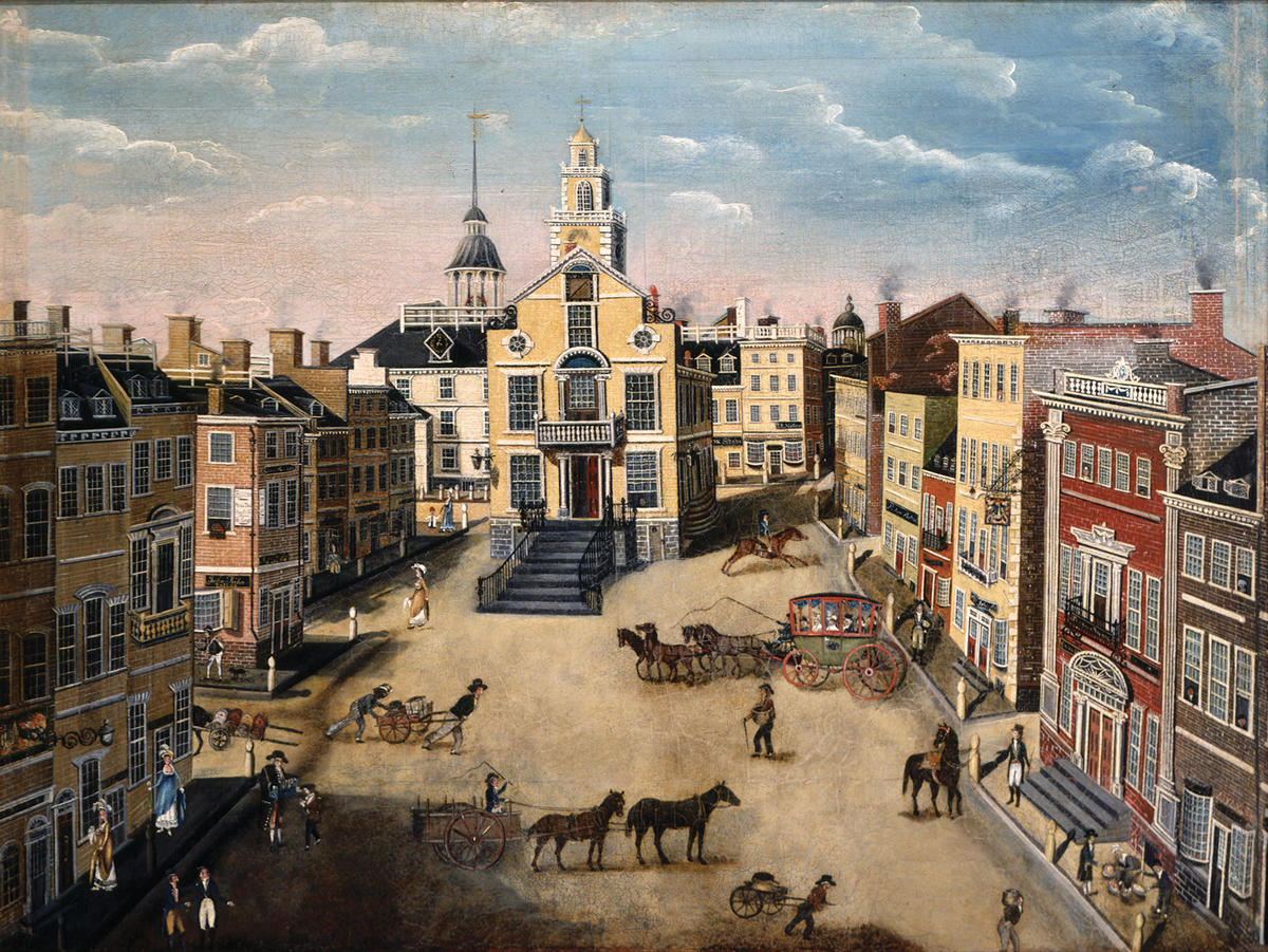 A painting of State Street in 1801 showing the old State House with many 3 story buildings around with horse drawn carriages and people in the street e