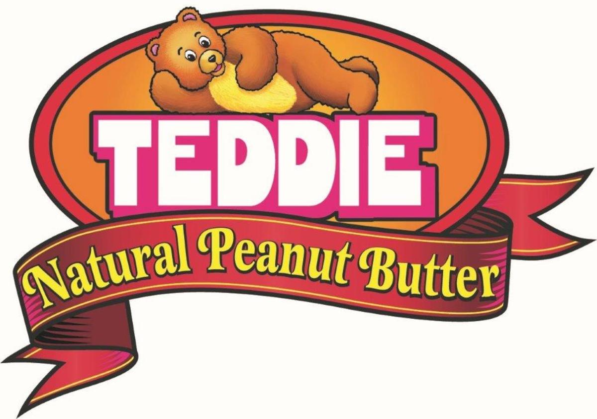 Teddie Natural Peanut Butter logo includes a bear laying on the word Teddie.