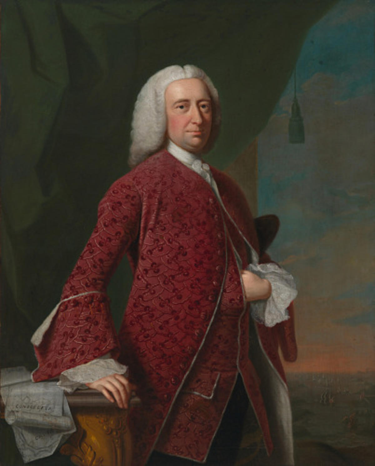 A painting of a man in a white curly wig and a red frock coat.