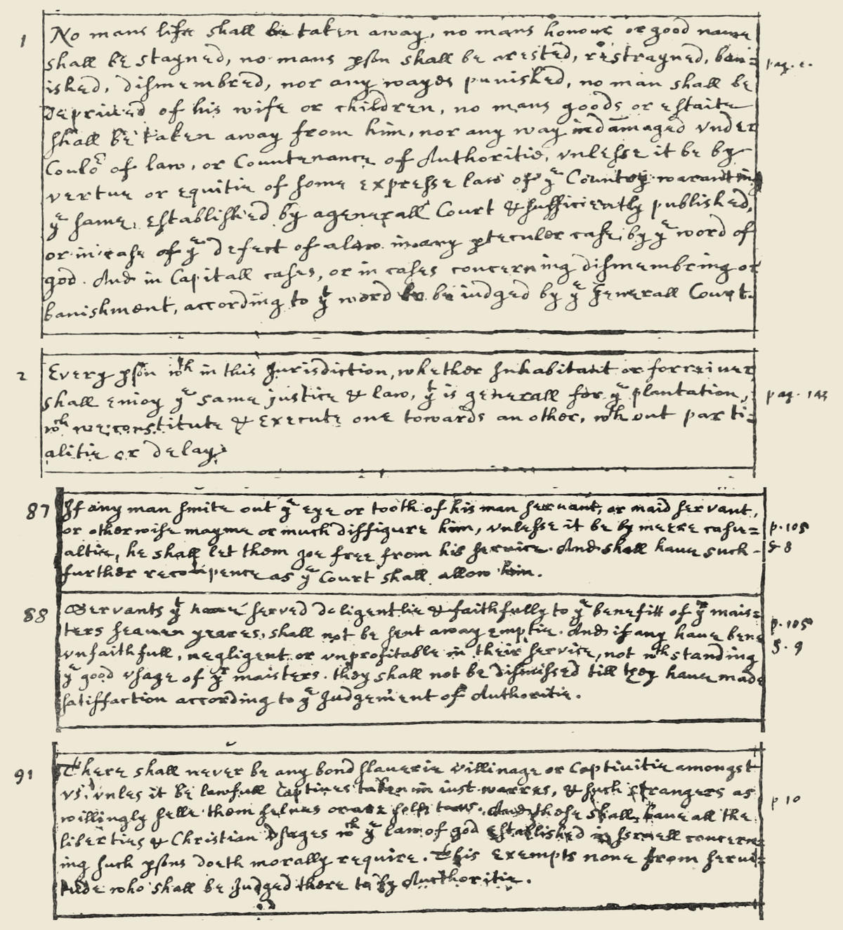 A handwritten copy of the 1641 Massachusetts Body of Liberties