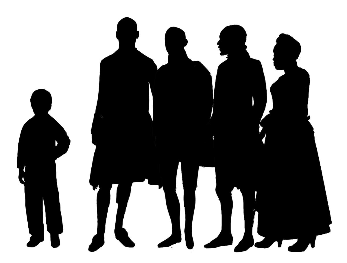 A group silhouette showing a young boy, three men, and one woman in 18th century clothing.