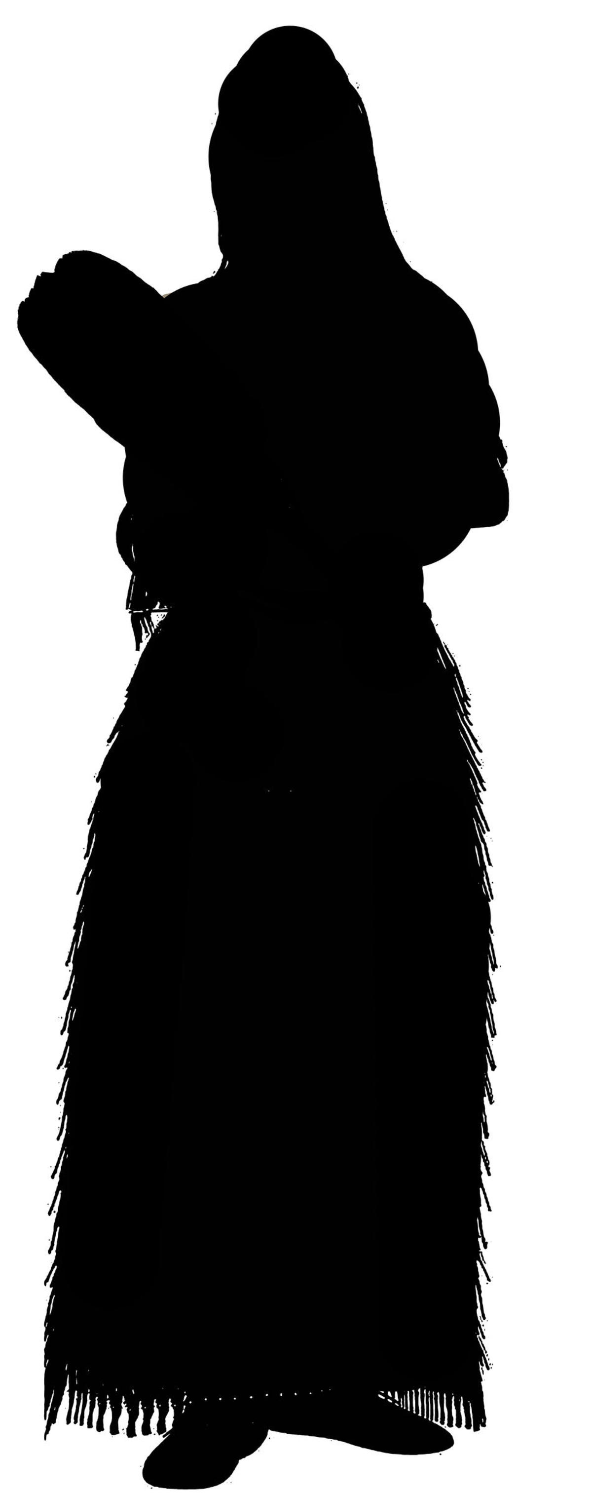 Silhouette of a Native woman in traditional clothing holding an infant in her arms