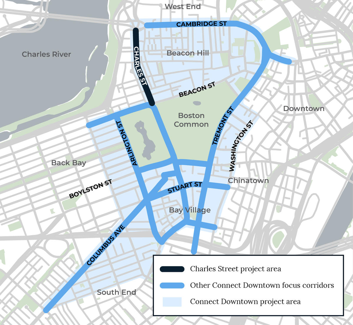 Image shows a map of downtown Boston with streets highlighted in light blue, and Charles Street between Charles Circle and Beacon Street highlighted in dark blue as the focus of this project.