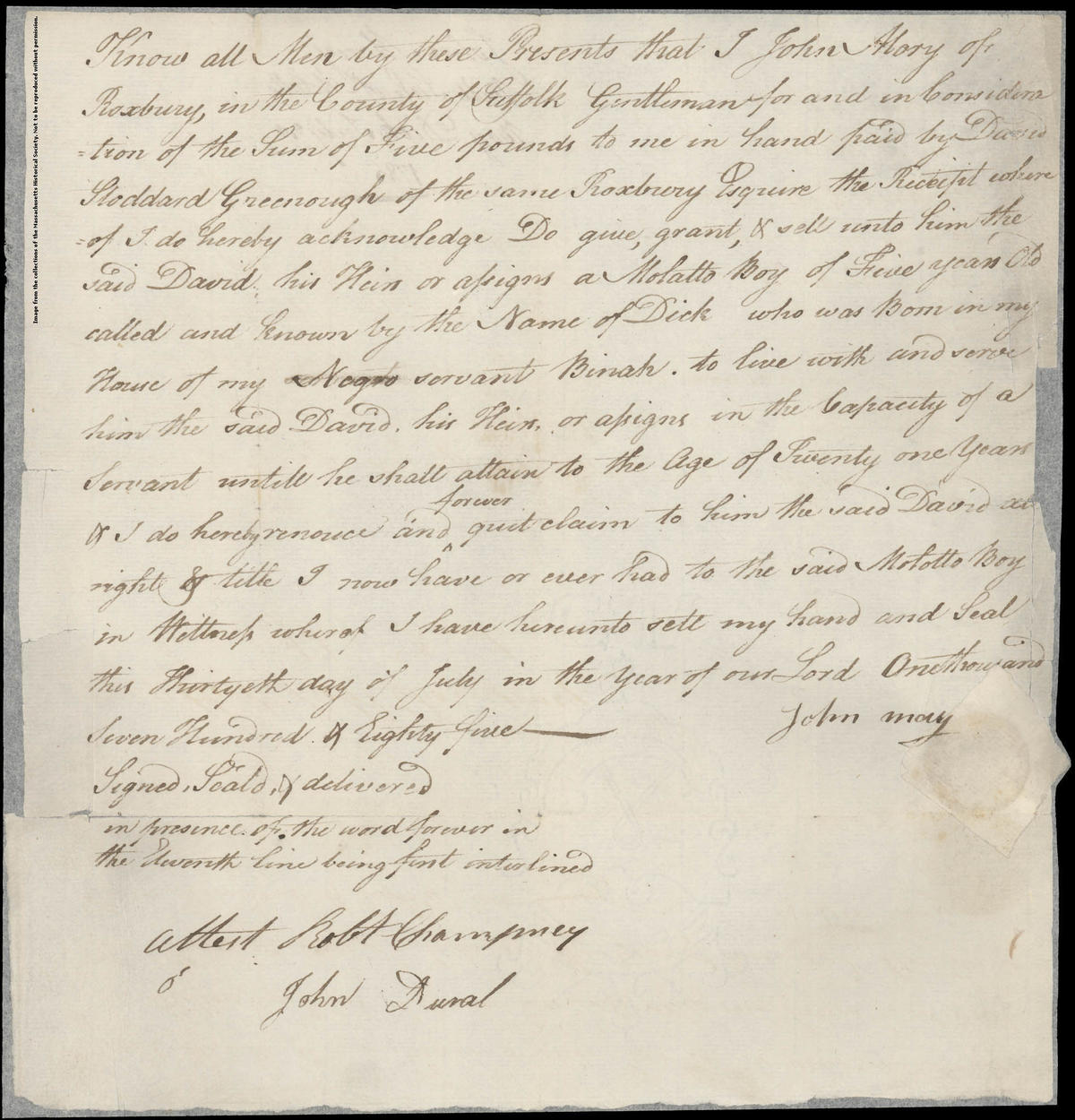A 1785 handwritten indenture agreement for Dick.