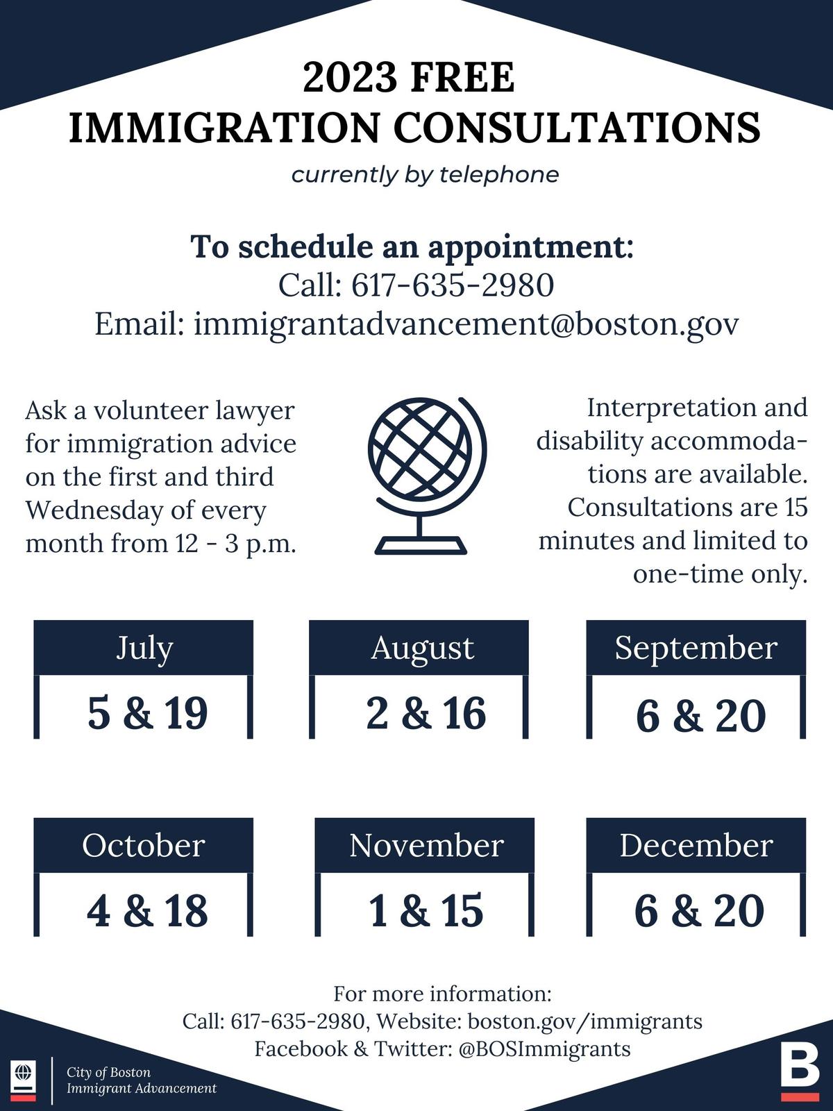 Flyer with dates for Free Immigration Consultations from July to December 2023