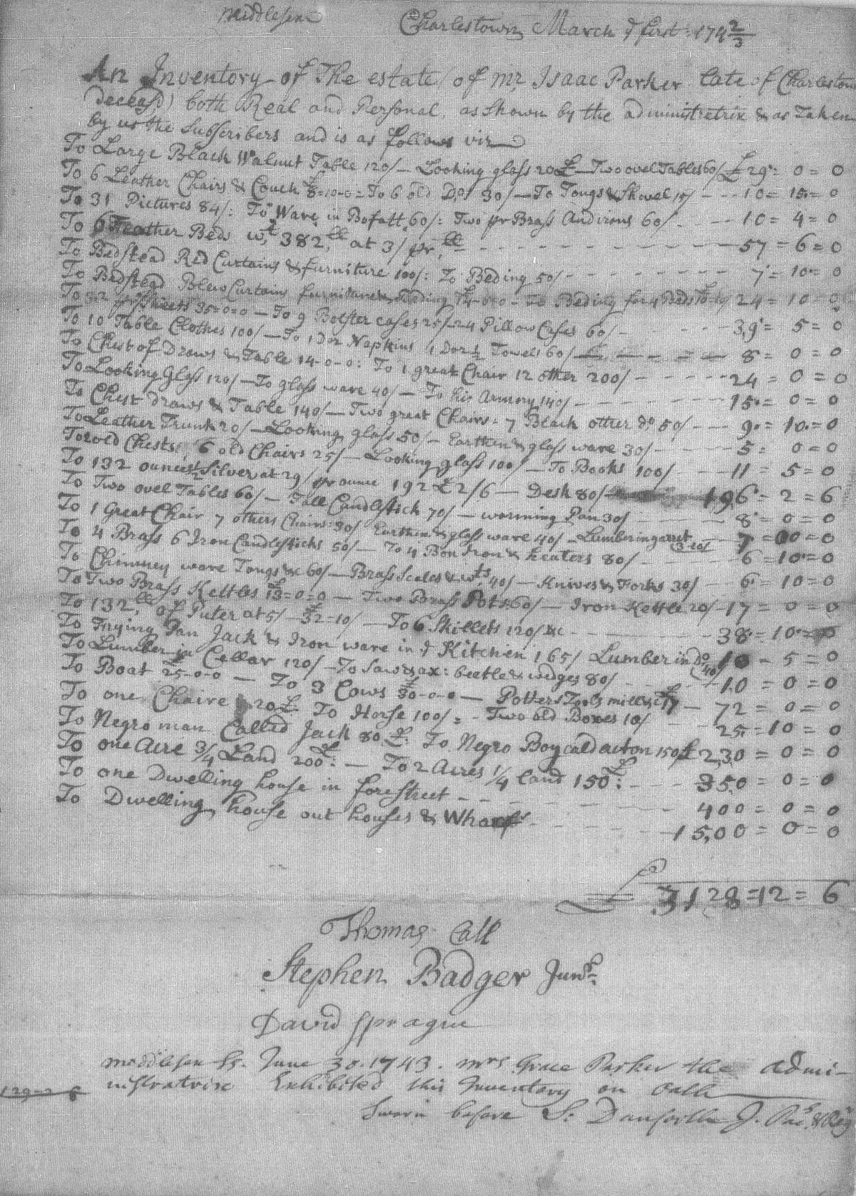 The 18th-century handwritten probate inventory of Isaac Parker