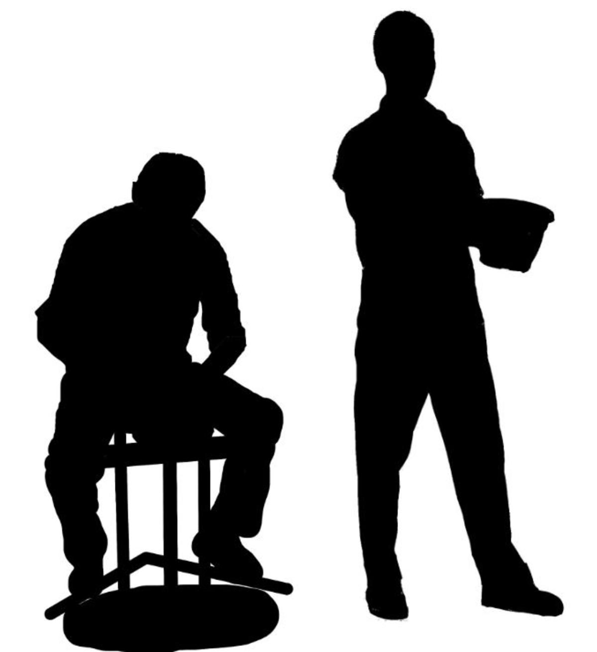 Two silhouettes: on the left, a man sitting at an 18th-century pottery wheel throwing a clay pot, and on the right, a standing man holding a clay pot in his hands.
