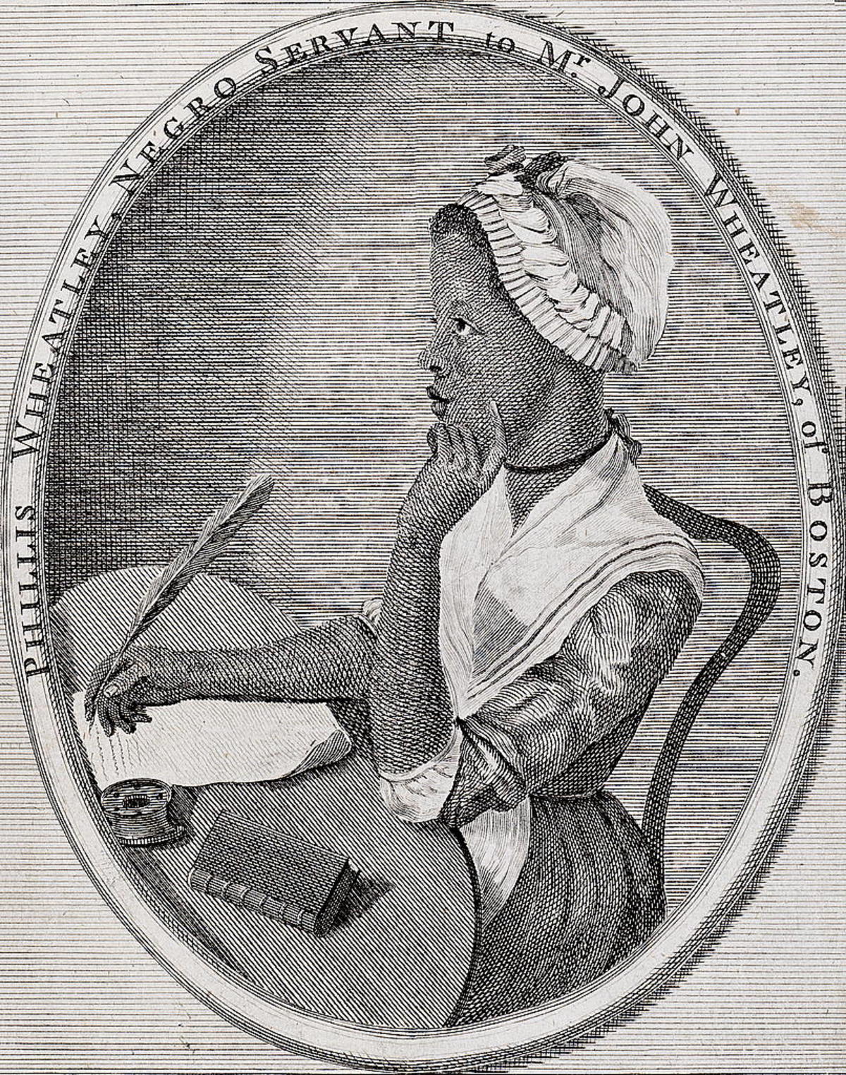 A print of a portrait of Phillis Wheatley sitting at her desk with a quill in hand.