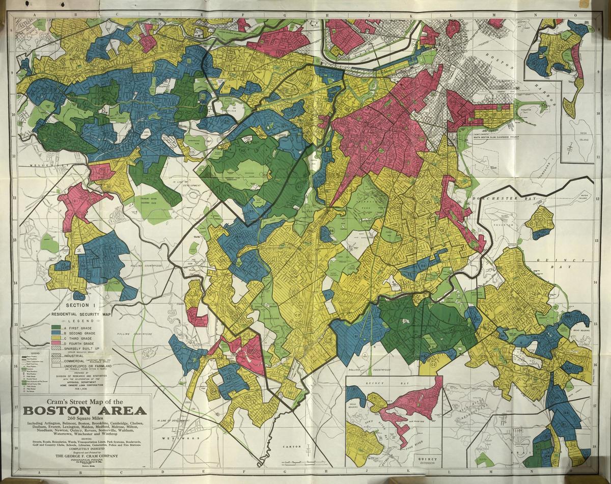A 1930s map of Boston showing its neighborhoods color-coded by perceived level of safety.
