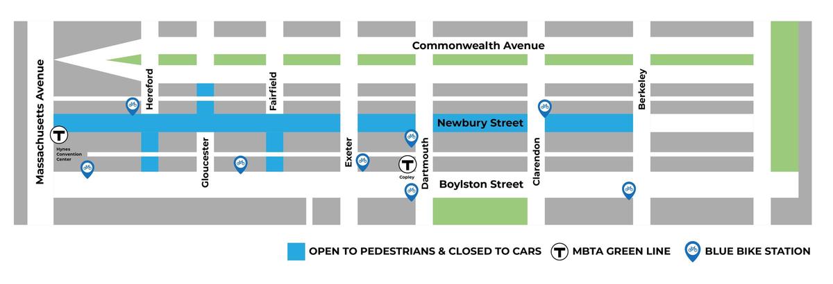 A map of street closures for Open Newbury Street for 2023