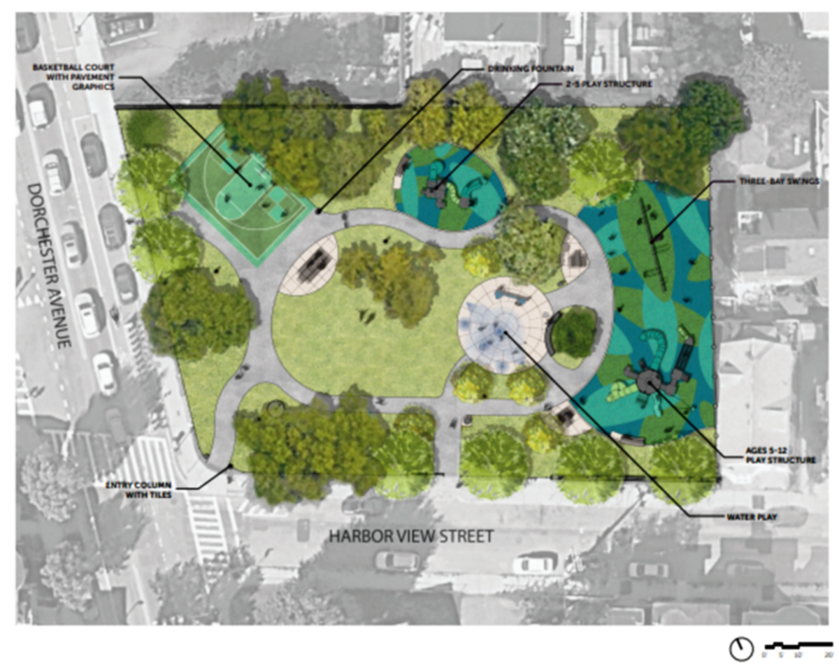 A rendering shows the improvements undertaken by the Boston Parks and Recreation Department at Ryan Playground in Dorchester.