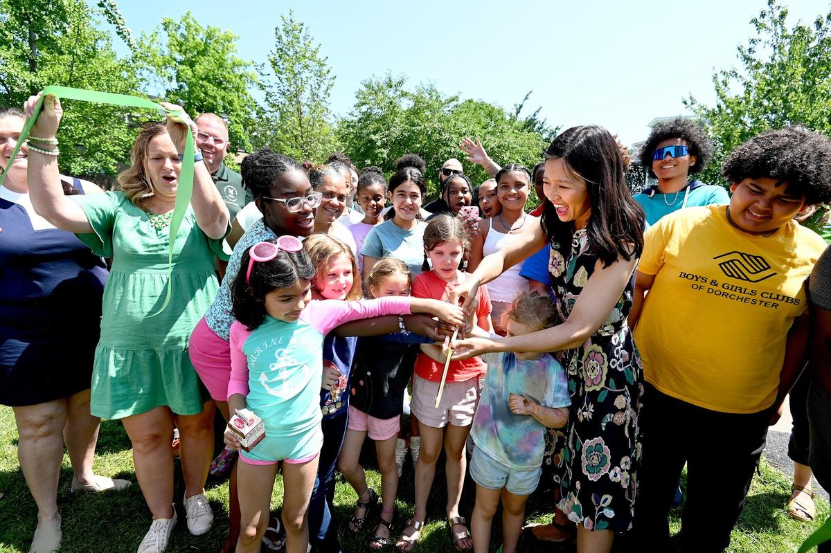 Mayor Michelle Wu and local youth cut the ribbon on $1.4 million in improvements to Ryan Playground in Dorchester.