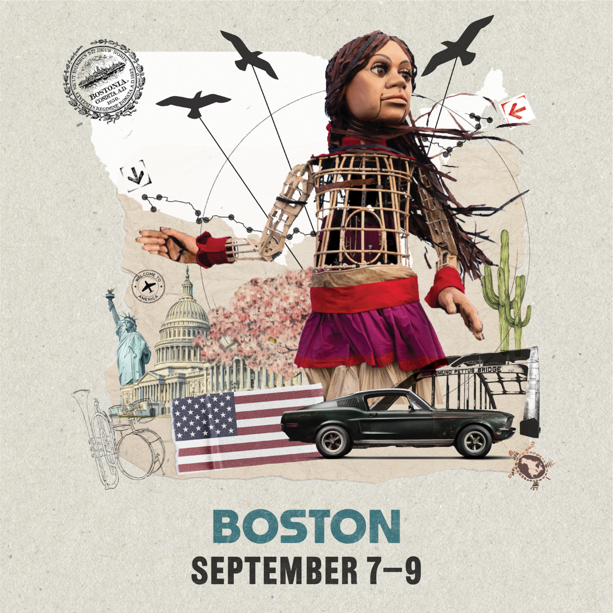 Graphic with image of Little Amal and text: "Boston September 7-9"