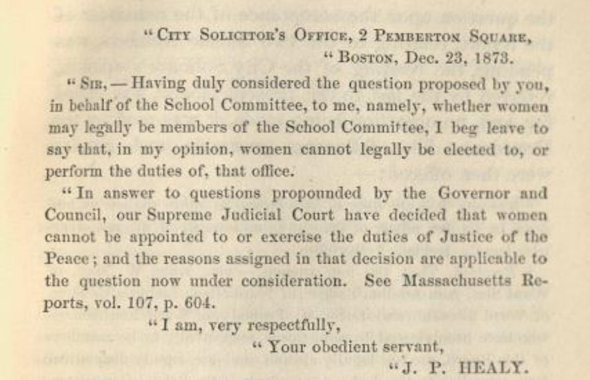 An 1873 letter from the city solicitor stating that women should not be allowed to serve on the Boston School Committee