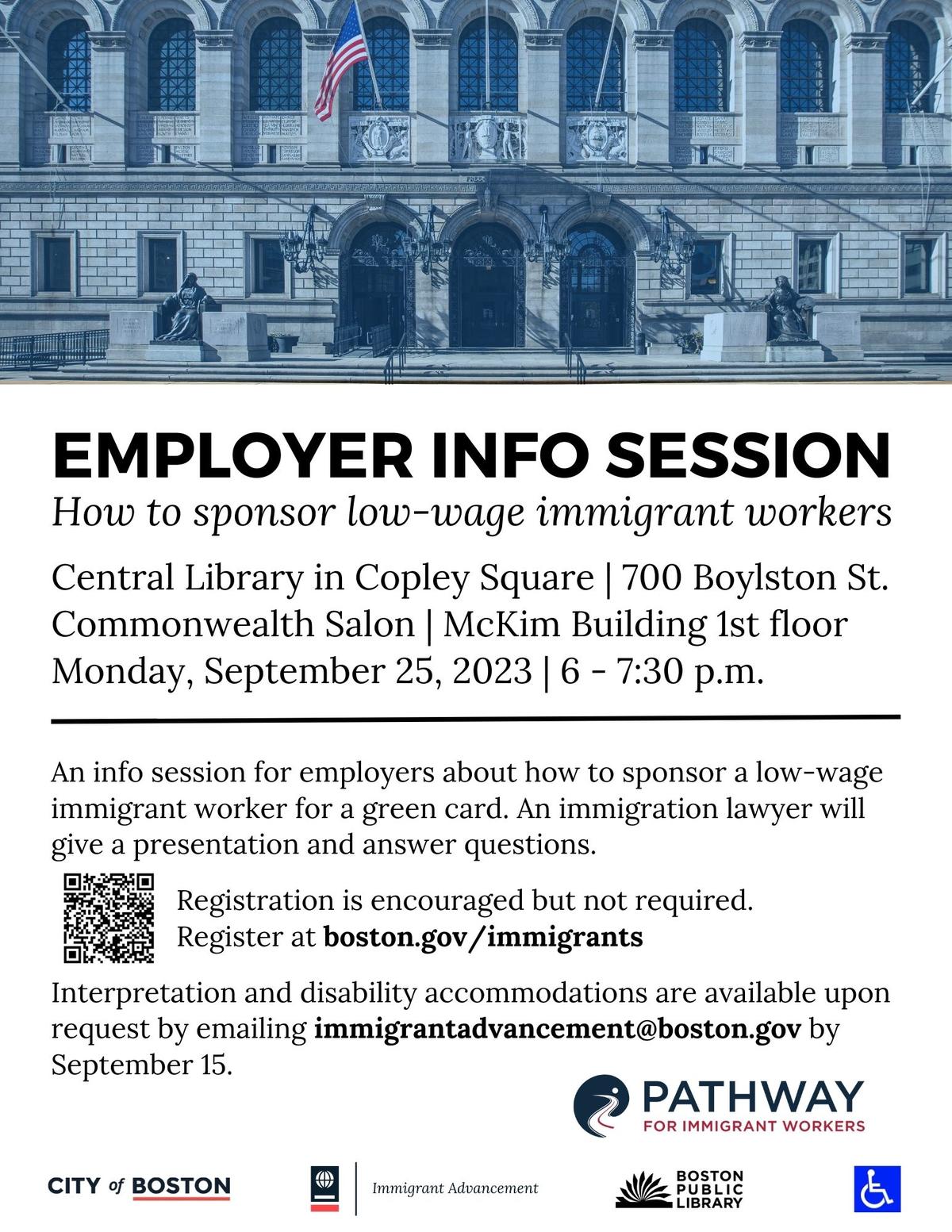 Flyer for an employer info session about how to sponsor low-wage immigrant workers. On Monday, September 25, 2023 from 6-7:30pm