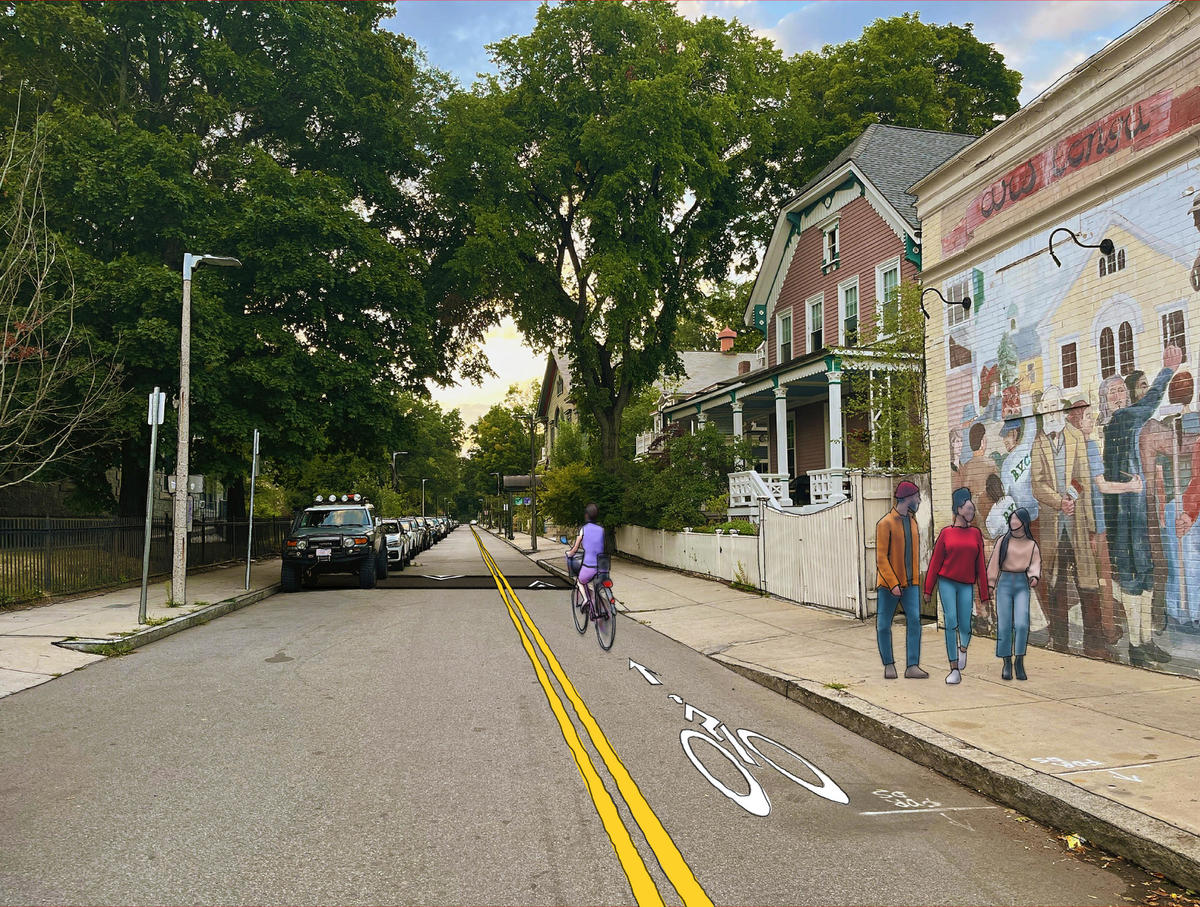 An artistic rendering of a contraflow bike lane on Eliot Street