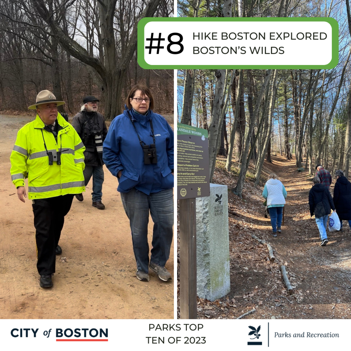 8. HIKE BOSTON EXPLORED BOSTON’S WILDS. - People hiking in the woods, park ranger walking with people.