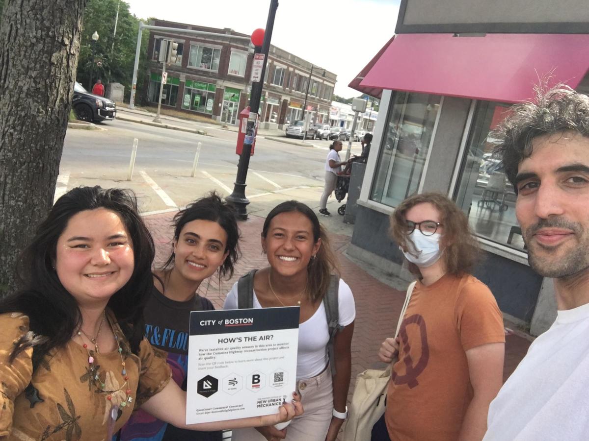 MONUM Summer Fellow Neha Kulsh and Civic Design Fellows Ava Nordling, Sara Lopez, and Angie Seul, with Technologist for the Public Realm Yo Deshpande, conducting interviews with Mattapan residents about DTPR