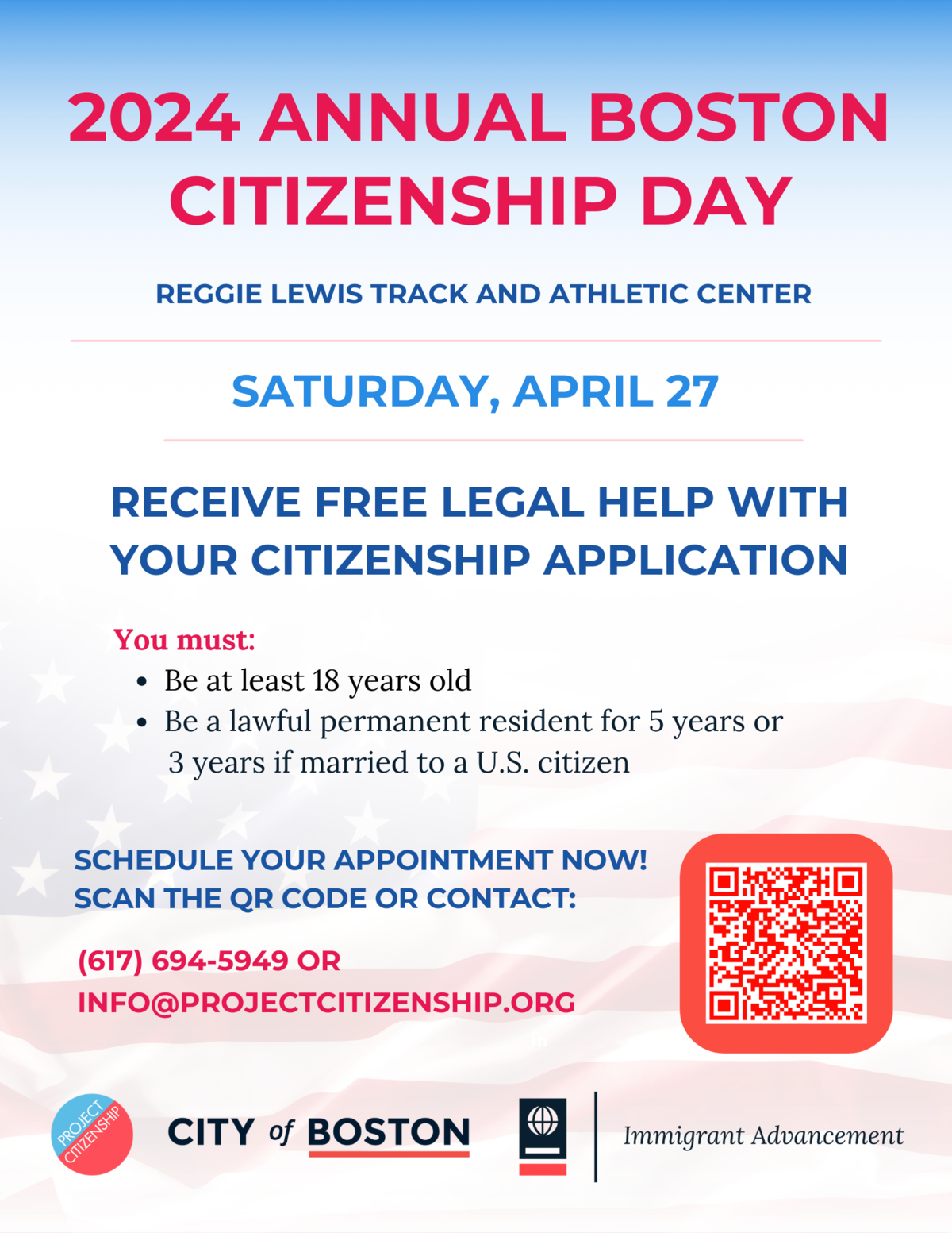 Flyer for Citizenship Day 2024 at the Reggie Lewis Center on April 27, 2024.