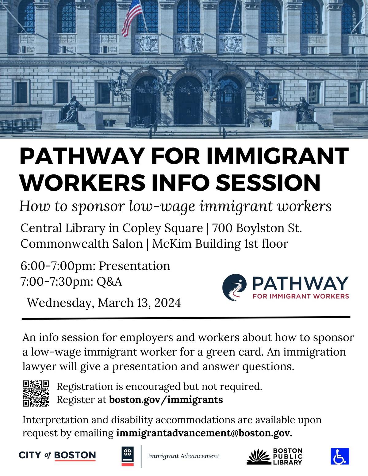 Flyer for an employer info session about how to sponsor low-wage immigrant workers. On Wednesday, March 13, 2023 from 6-7:30pm
