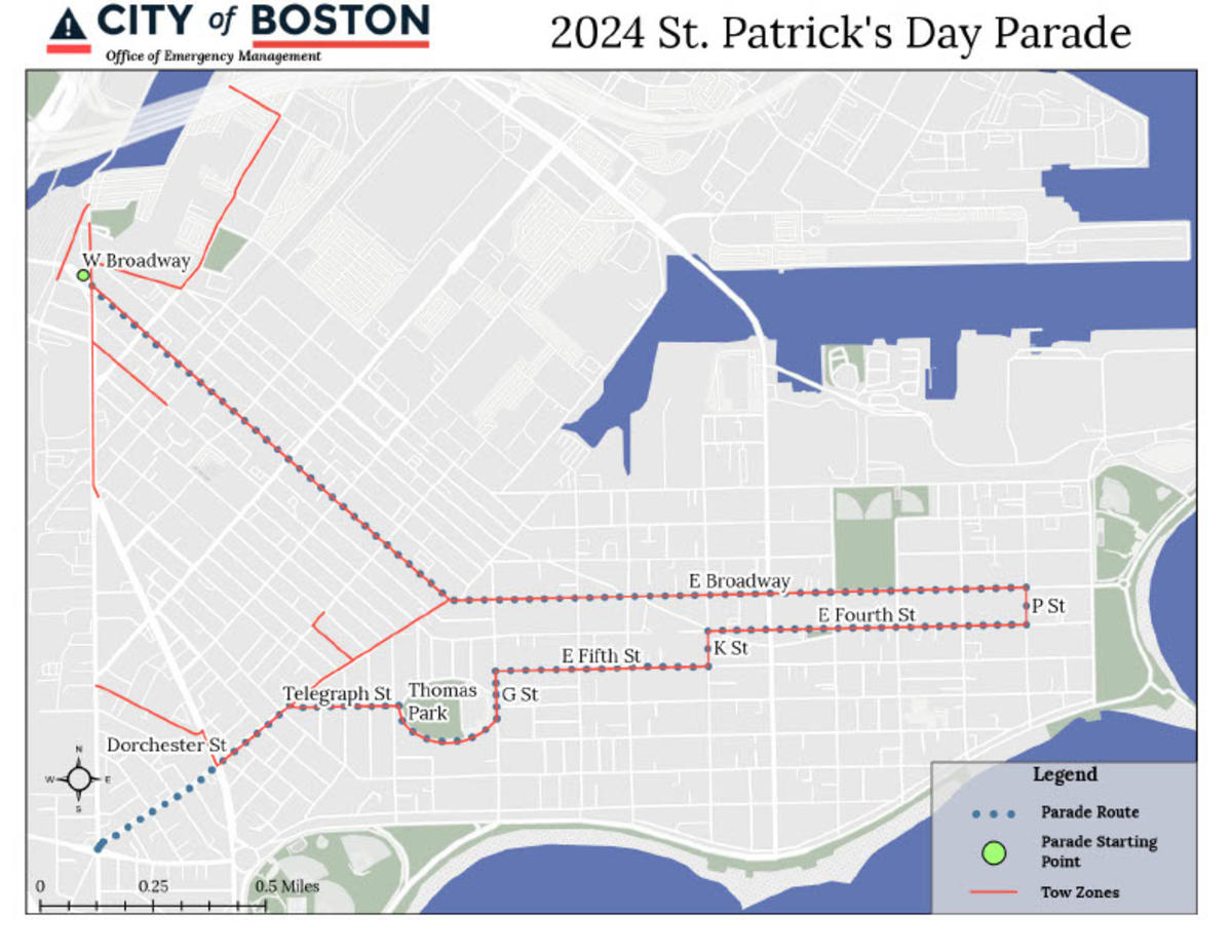 A map outlines the route of the 2024 St. Patrick's Day Parade in South Boston. 