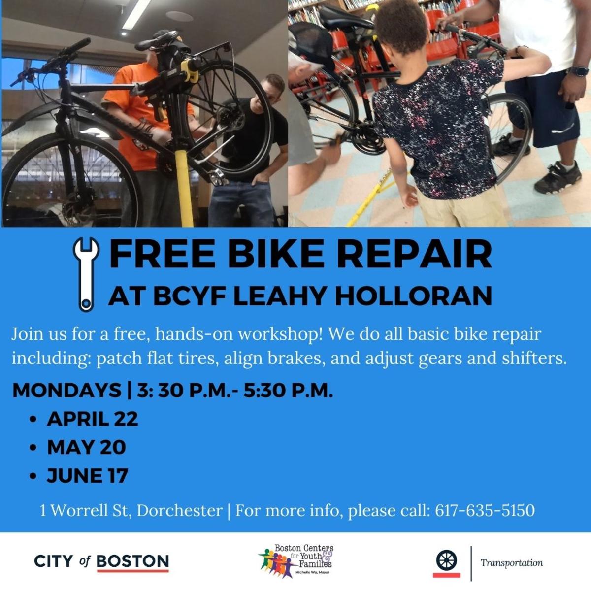 bike repair flyer for BCYF Leahy Holloran
