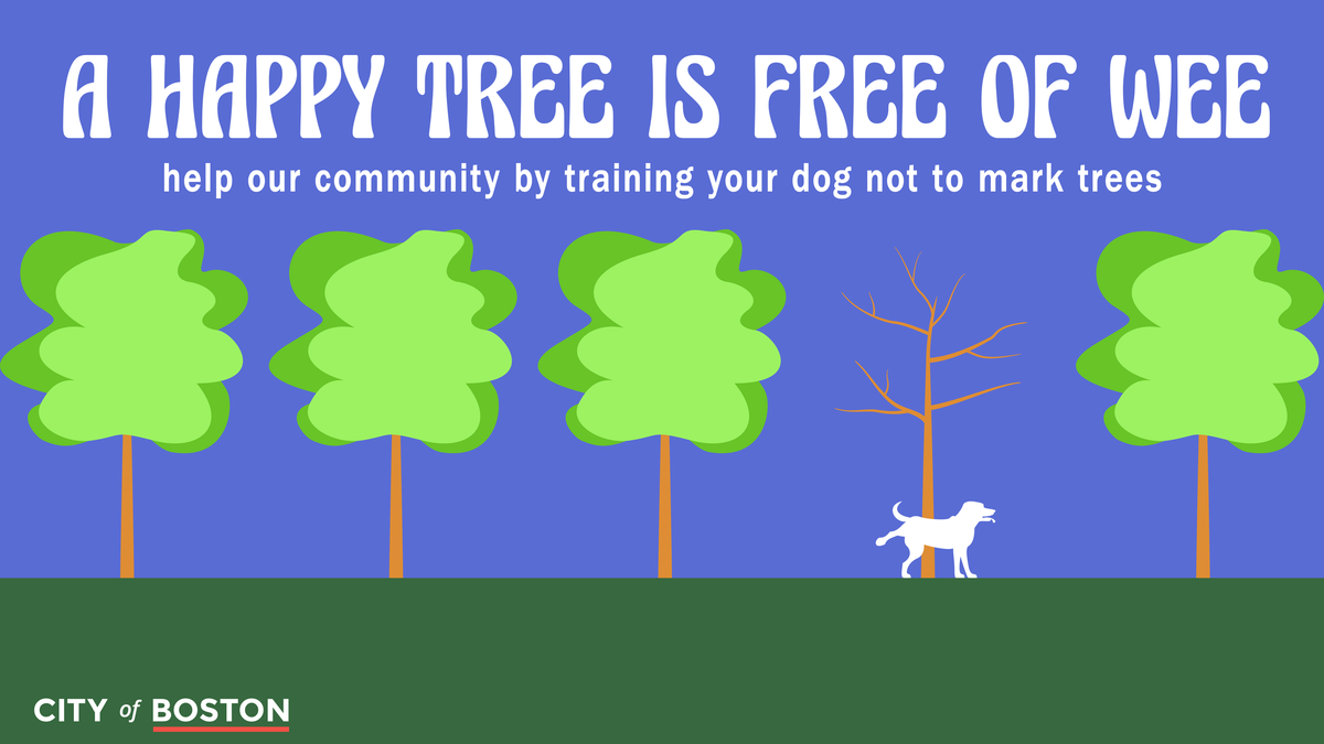 An illustration of five trees in a row, with1, 2, 3, and 5 having bright green canopies while 4 is dead with a dog raising its leg onto the trunk. The top of the image reads: "A Happy Tree is Free of Wee."