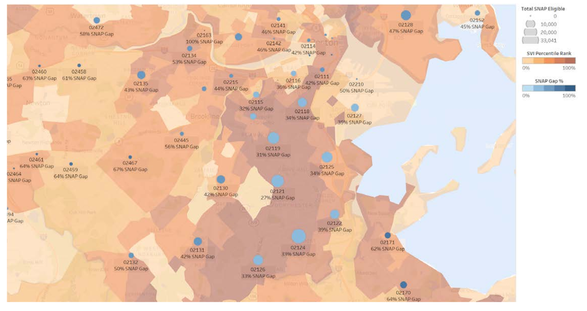 Map of Boston showing SNAP gap by zipcodes
