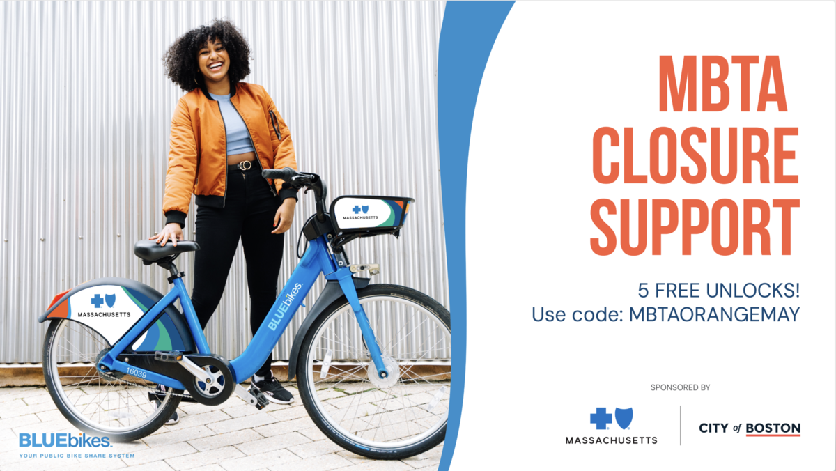 Photo of people on Bluebikes. Text says MBTA Closure Support and includes the code MBTAORANGEMAY