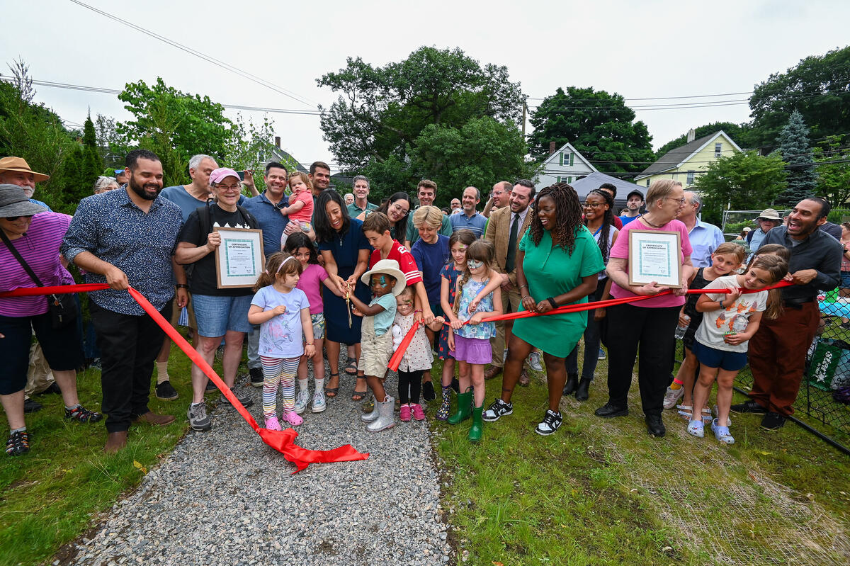 Group photo at the Roslindale Wetlands Urban Wild Ribbon Cutting