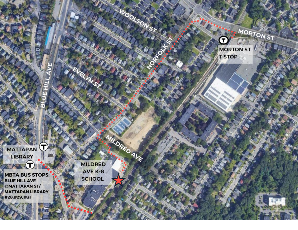 sattelite view of a map of Mildred Ave School parking lot