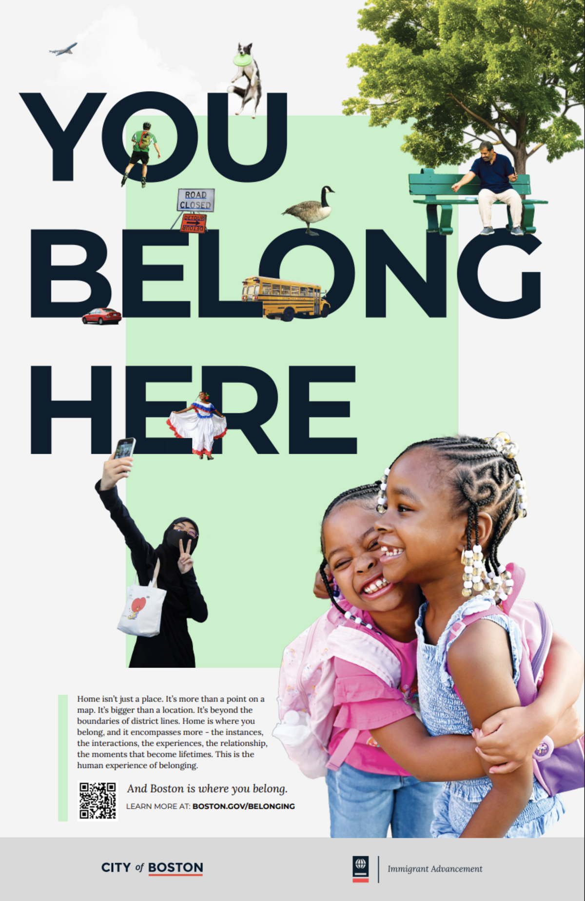 Poster that says You Belong Here with image of two african american girls hugging, a tree in the top-right, and a person taking a selfie.