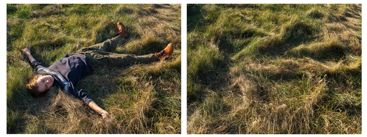 Michelle Schapiro, Kayleigh, Making a Grass Angel (Diptych), 24 x 30 in., Archival Digital Print, Edition of 3 (plus 1 Artist Proof), 2023.