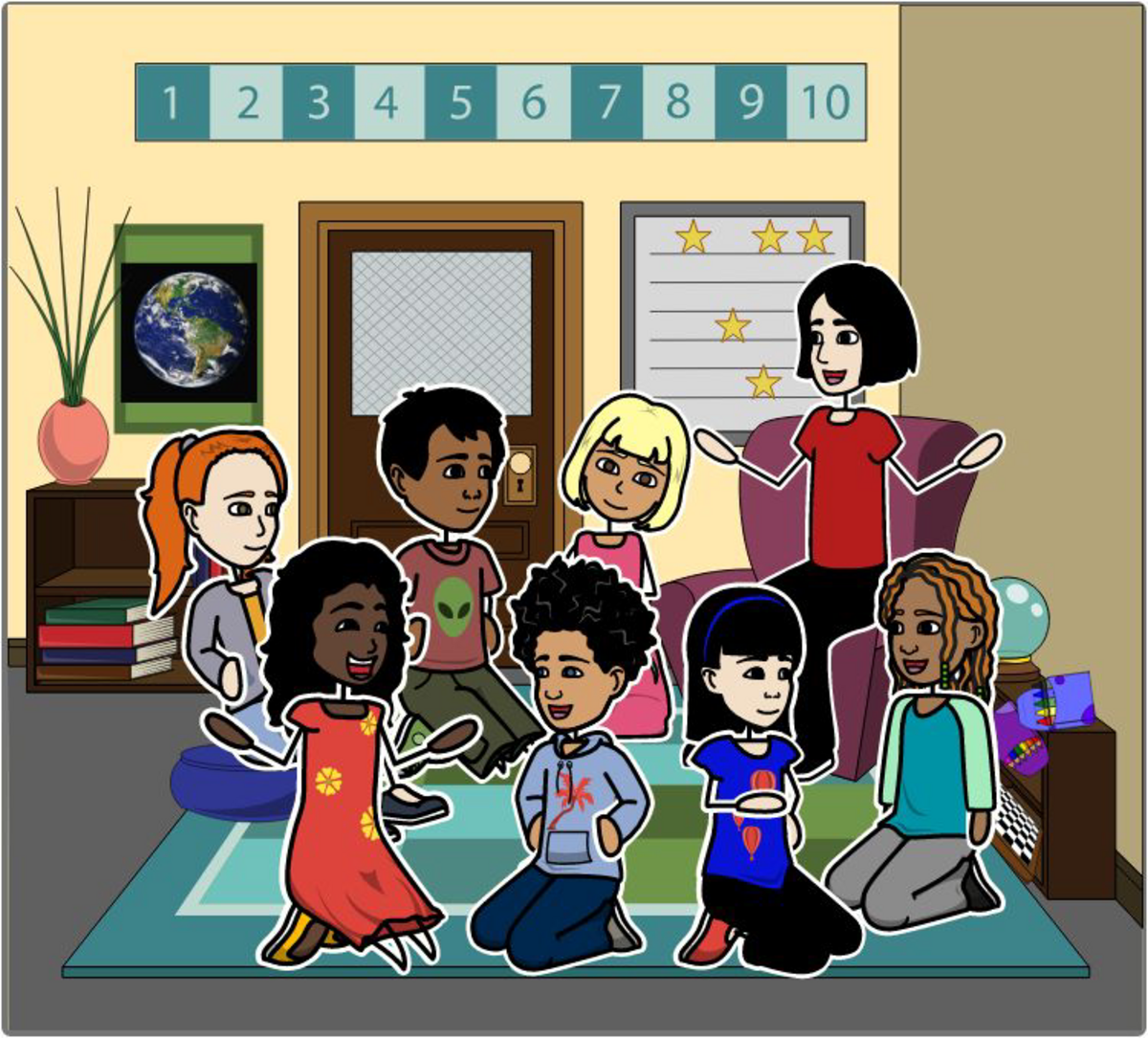 a drawing of children laughing and speaking with one another on a rug in a classroom