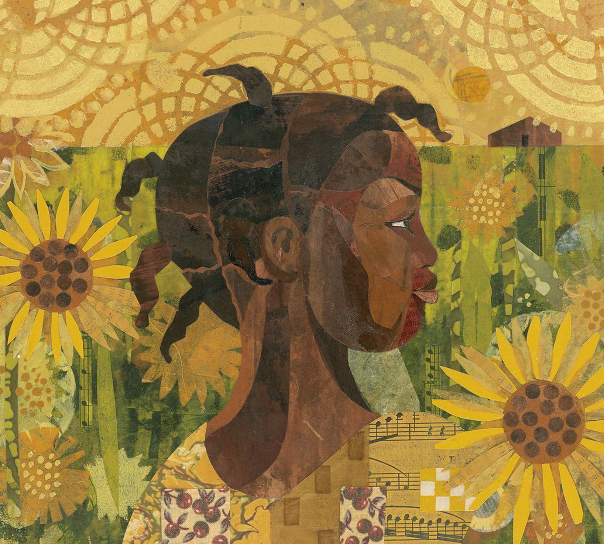 A drawing of a young girl with sunflowers in the background and music notes in the foreground