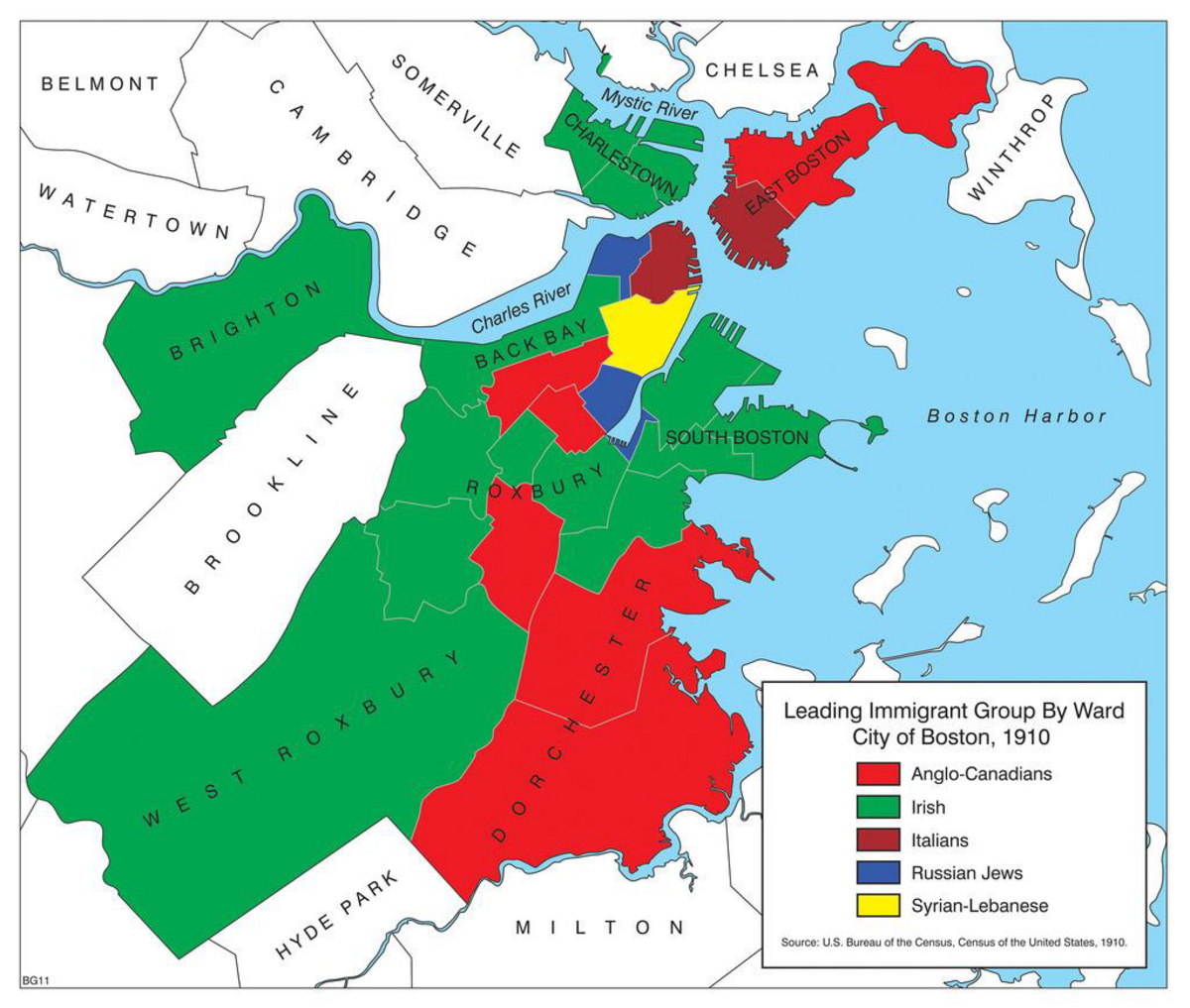 A map of several Boston neighborhoods filled in with different colors based on immigrant groups