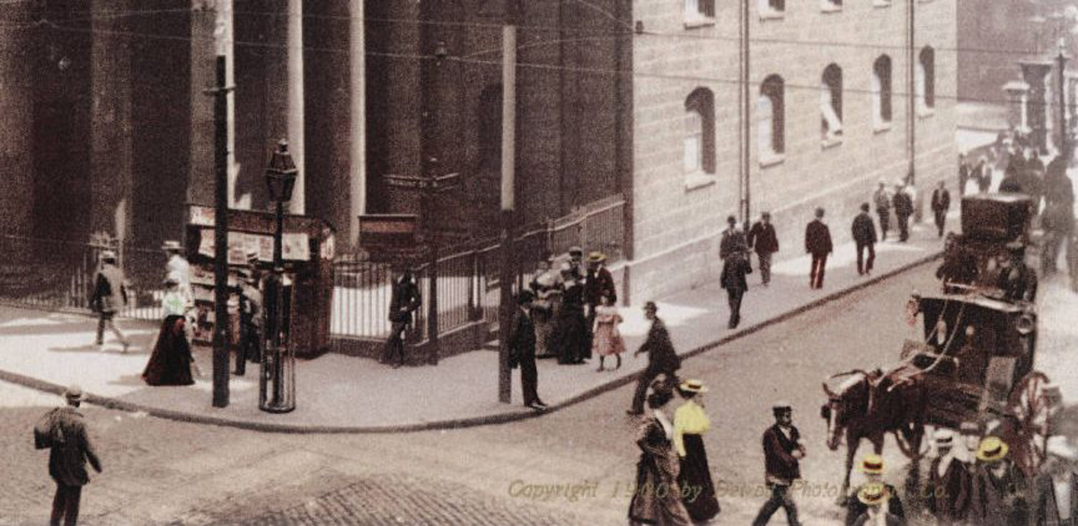 Image of the street corner of School Street and Tremont Street in the early 1900s